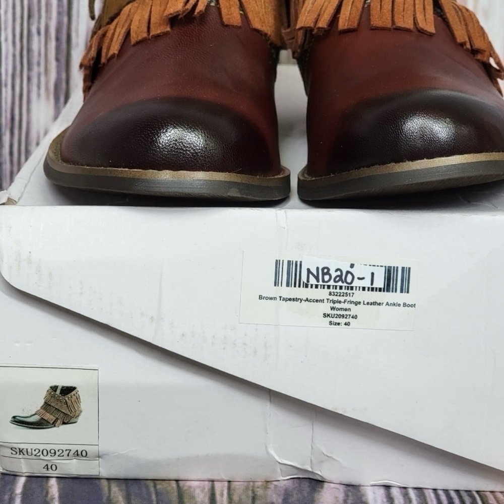 NIB Soffia Brown Tapestry Accent Triple Fringe Leather Boots - Sz 40 (US 9) - Picture 9 of 9